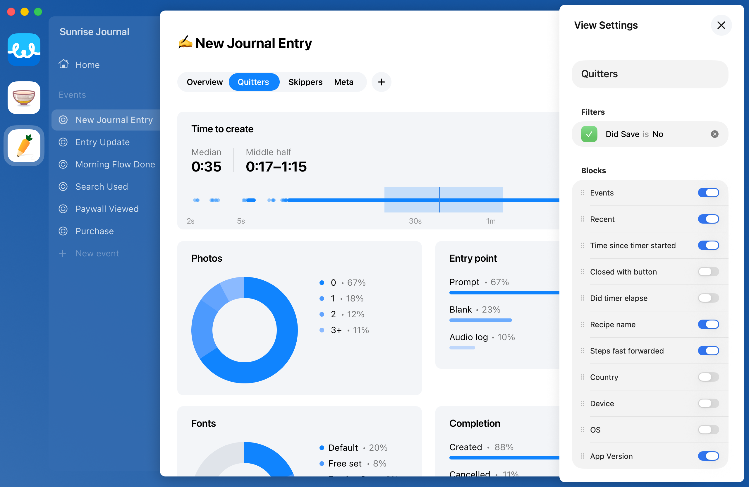 A custom view in Studio, with its filters and charts in the View Settings panel